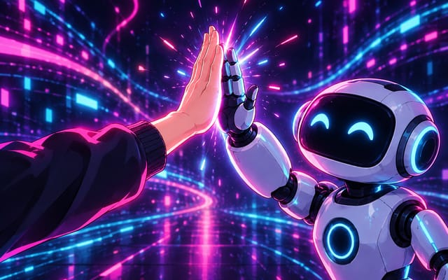 Neon illustration of a human hand high-fiving a small robot