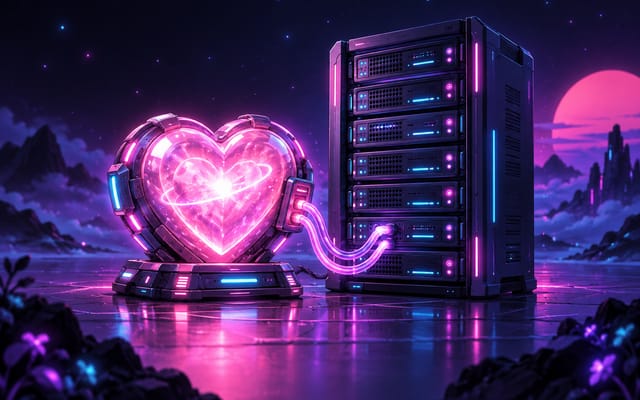 Neon illustration of a glowing heart plugged into a server tower