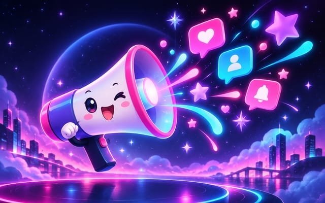 Neon illustration of a cheerful megaphone sending out hearts, likes and stars
