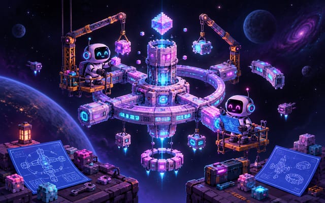 Neon illustration of robots building a floating space station with cranes