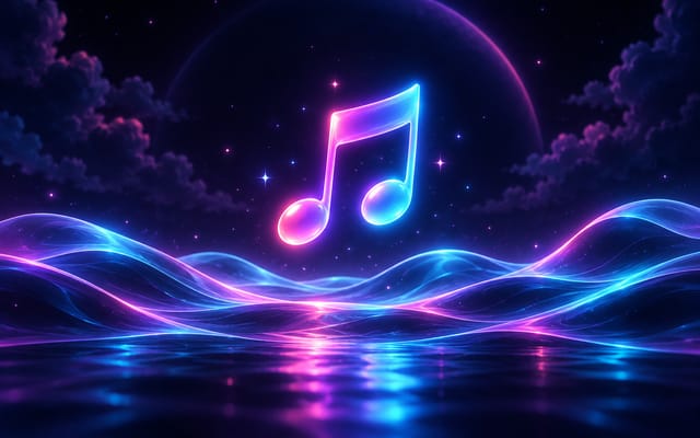 Neon illustration of a music note floating over glowing waves