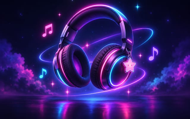 Neon illustration of glowing headphones with music notes